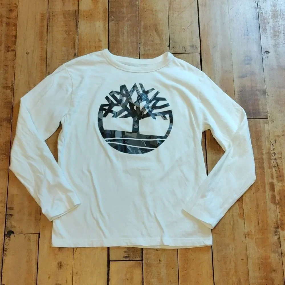 Timberland Shirt size 8 Long Sleeve White Black Cotton Spring Neutral Unisex